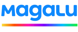 logo magalu azul com faixa colorida embaixo