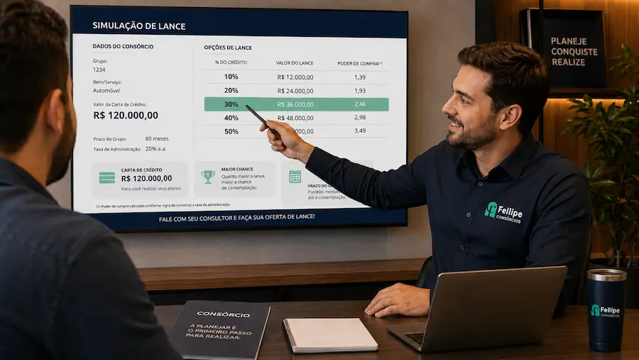 Consultor da Fellipe Consórcios apresenta uma simulação de lance para cliente, explicando opções de contemplação e uso da carta de crédito.