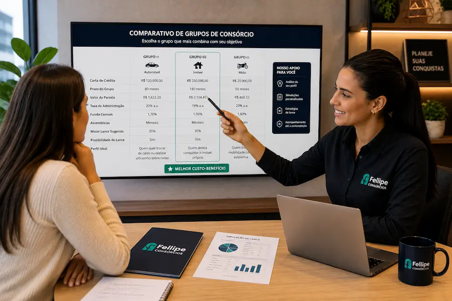 Consultora da Fellipe Consórcios apresenta comparativo de grupos de Consórcio para cliente, destacando opções de crédito, lance e melhor custo-benefício.