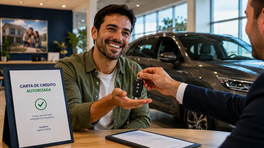 Cliente recebe a chave do carro em concessionária após autorização da carta de crédito no Consórcio, simbolizando a compra de veículo com segurança e planejamento.