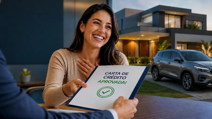 Cliente recebe carta de crédito aprovada no Consórcio, com imóvel e veículo ao fundo, simbolizando a contemplação e o poder de compra para realizar a aquisição do bem desejado.