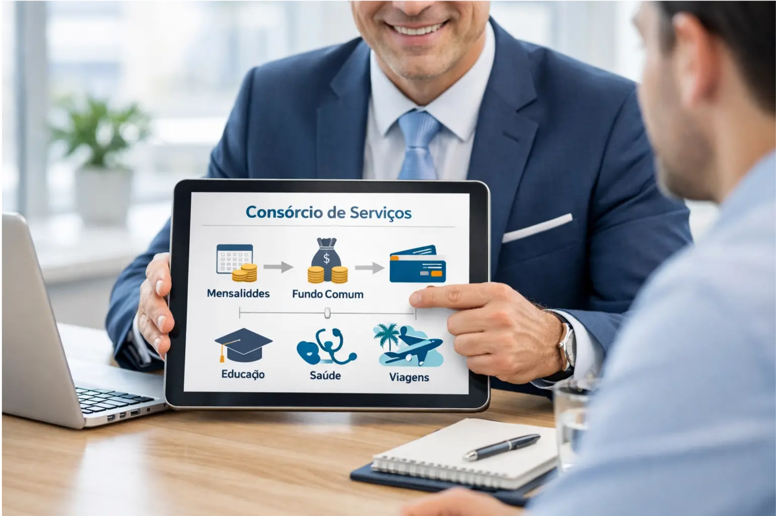 especialista mostrando de forma pratica o funcionando do consorcio para o cliente