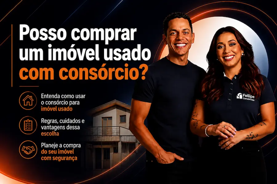 Capa sobre compra de imóvel usado com consórcio, com casal e imagem de uma casa.